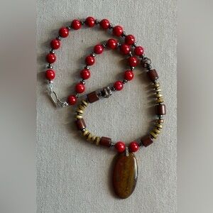 24 inch Coral and Wood bead necklace NWOT